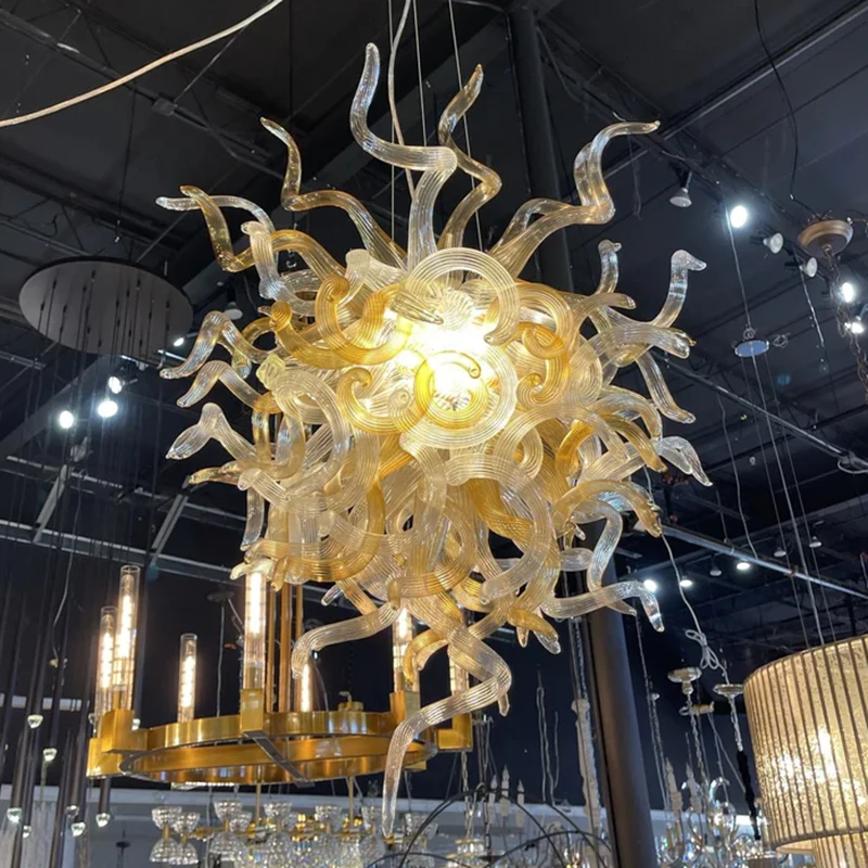 

Longree Hand Blown Glass Chandeliers Warm Yellow Modern Luxury Art Hanging Ceiling Light Fixtures for Dining Room Living Room