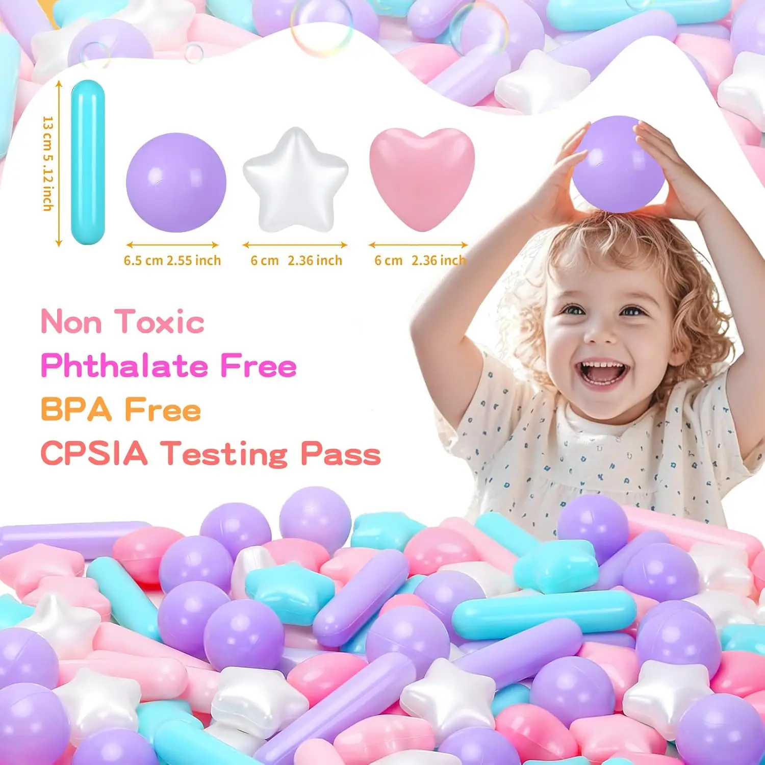 ลูกบอลสำหรับบ่อบอล 150 ลูก 4 รูปทรง ปลอดสาร BPA ทนทานต่อการบด ลูกบอลพลาสติกสำหรับบ่อบอล ของเล่นน้ำสำหรับเด็ก