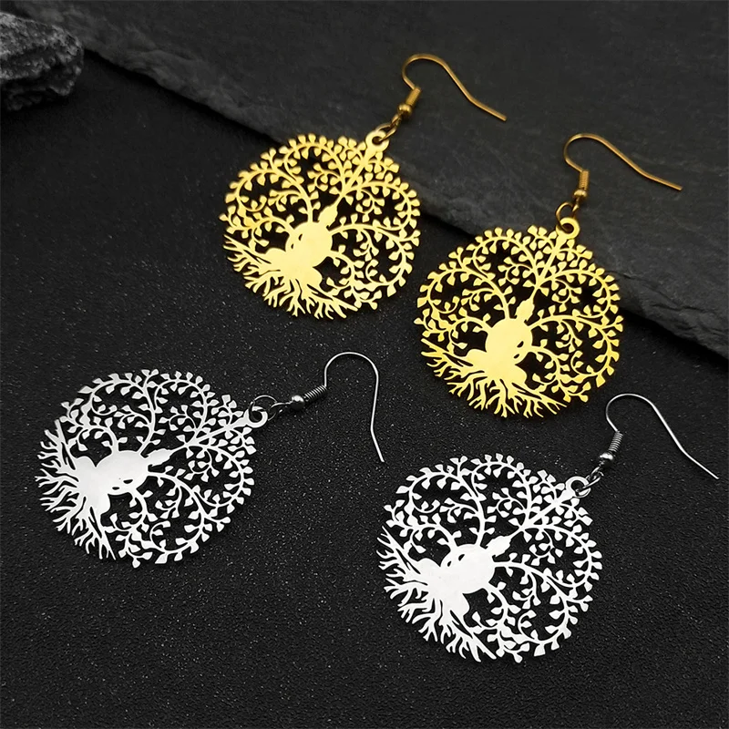 Buddhist Meditation Tree Of Life Earrings Women Men Gold Silver Color Stainless Steel Buddha Spiritual Dangle Earrings Jewelry