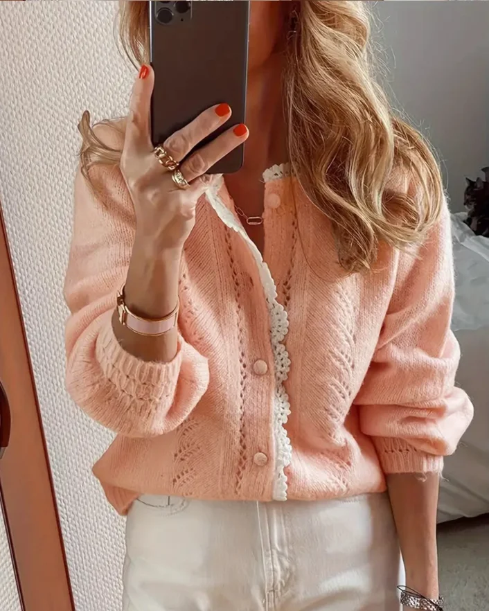 الخريف والشتاء أزياء أنيقة طويلة الأكمام الدانتيل خليط سترة محبوكة سترة W15 #3