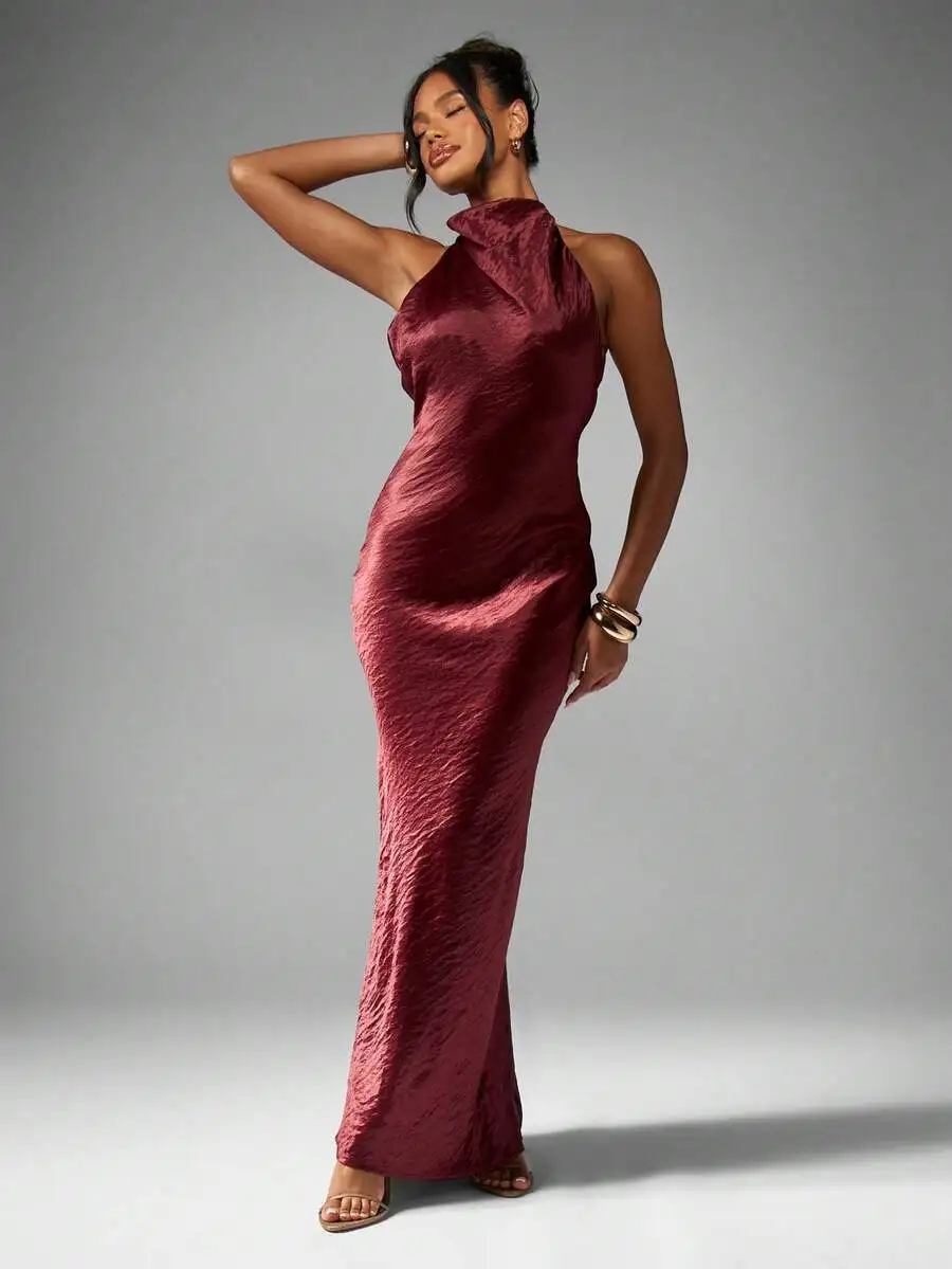 Burgundy Textured Halter Neck Maxi Dress Backless Evening Gown