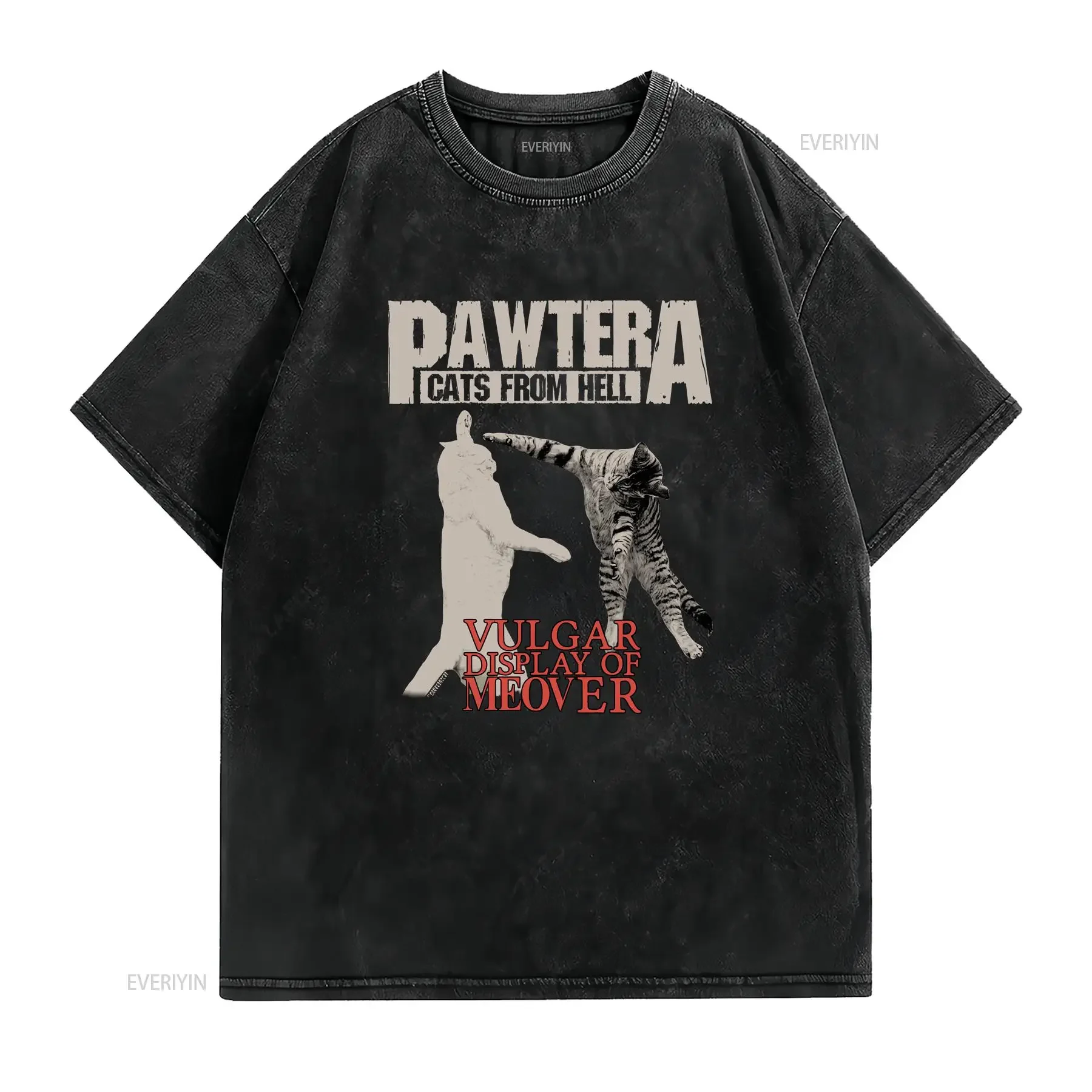 Pawtera Cats From Hell T Shirt Vulgar Display Of Meower Men s Black Size 2XL vintage Washed streetwear Slightly Casual vintage