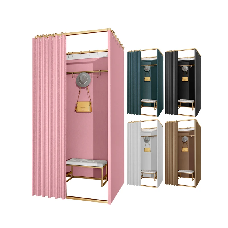 

Custom. Clothing Store Boutique Metal Movable Portable Fitting Room Luxury Changing Room Movable Golden Dressing Room with Curta