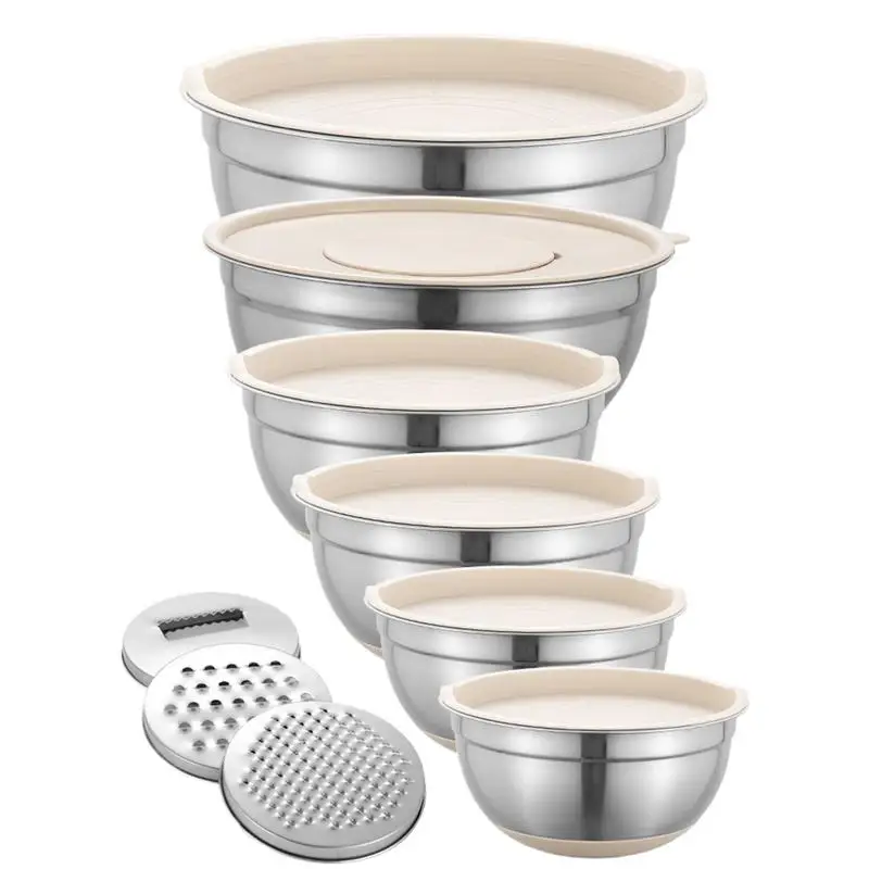 Mixing Bowls Set Metal Baking Mixing Basin Salad Mixing Bowls With Non-slip Base 6X Stainless Steel Khaki Nesting Bowls With