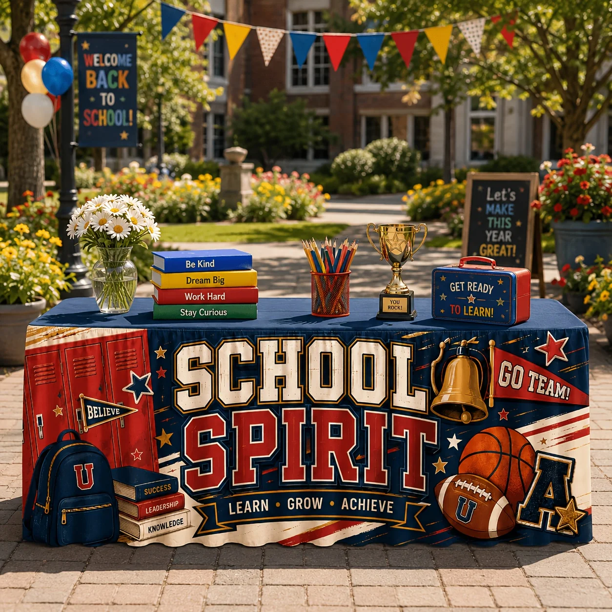 1 vintage school table skirt with pennant banner print - vintage locker bell book table cover,