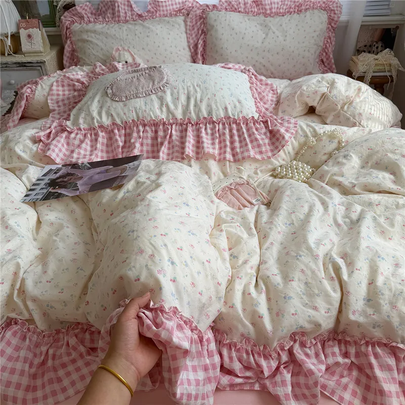 Korean Princess Style Floral Ruffles Bedding Set Washed Cotton Duvet Cover Bed Sheet Pillowcases Single Full Queen Size 3/4Pcs