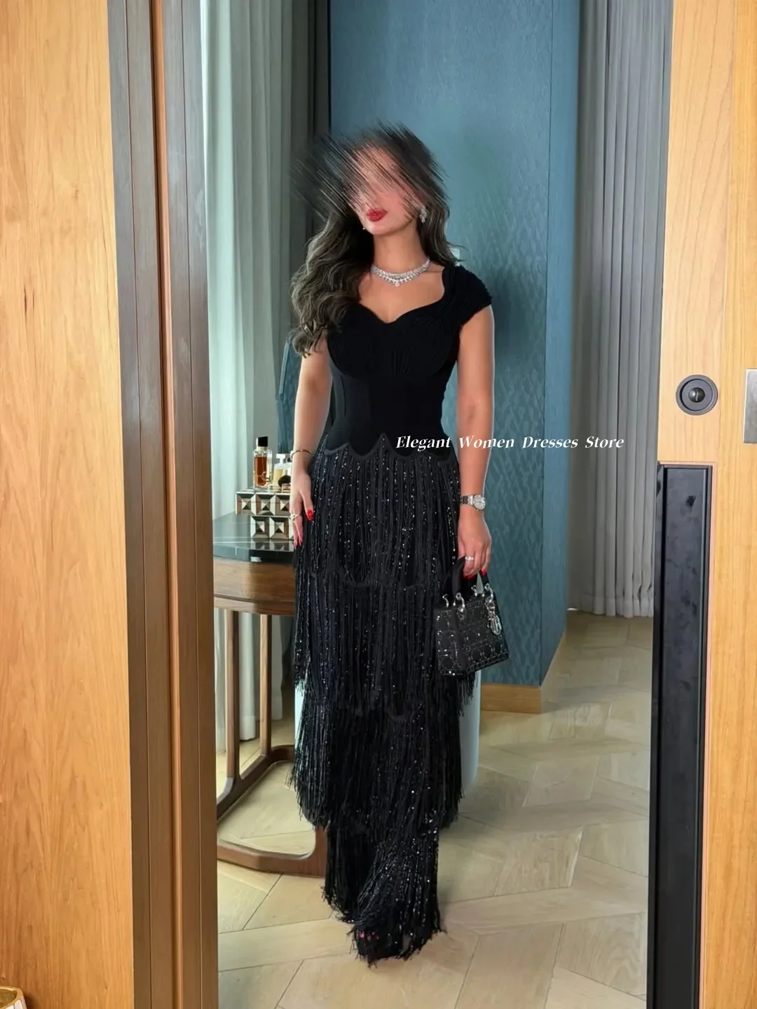 Evening Dress Black Cap Sleeve Formal Gown Ruched Multi Layer Glitter Fringe Mermaid Maxi Black Tie Gala Dress Customized