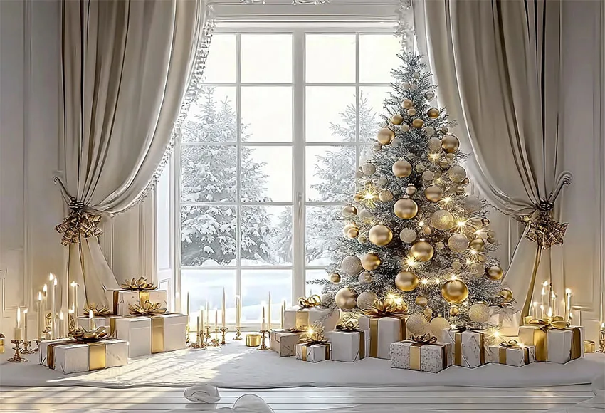 Mehofondหน้าต่างคริสต์มาสการถ่ายภาพพื้นหลังสีขาวผนังผ้าม่านของขวัญเด็กภาพครอบครัวตกแต่งฉากหลังPhoto Studio