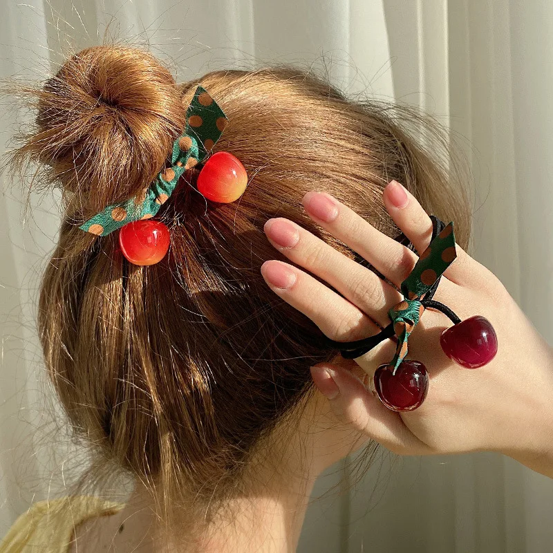 Lazos elásticos de cereza para el cabello para niñas, lazo de lunares de colores, cuerda para el cabello, soporte para cola de caballo, accesorios