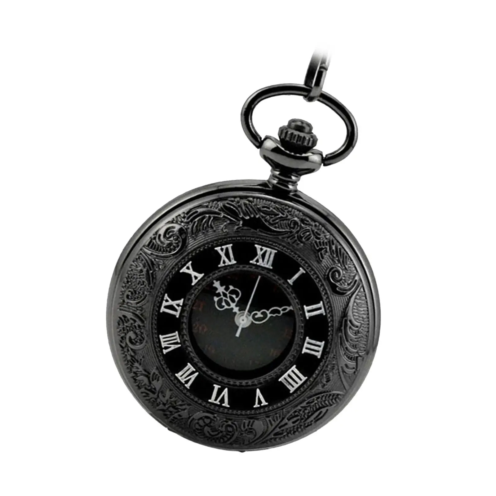 Roman Numbers Round Dial Analog Necklace Pocket Watch Gift Black