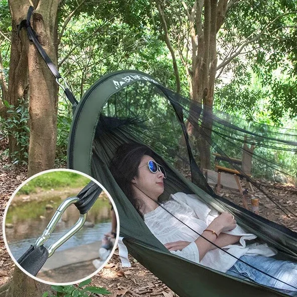 Outdoor camping nylon hammock Single double automatic quick opening pole mosquito net hammock quick opening mosquito hammock