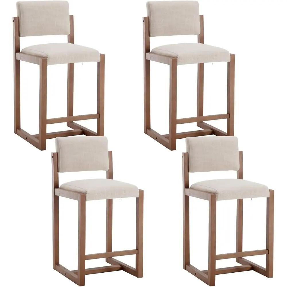 Set of 4, 26 Counter Height Linen-Upholstered Barstools with Wood Legs for Kitchen Island or Home Bar, Beige
