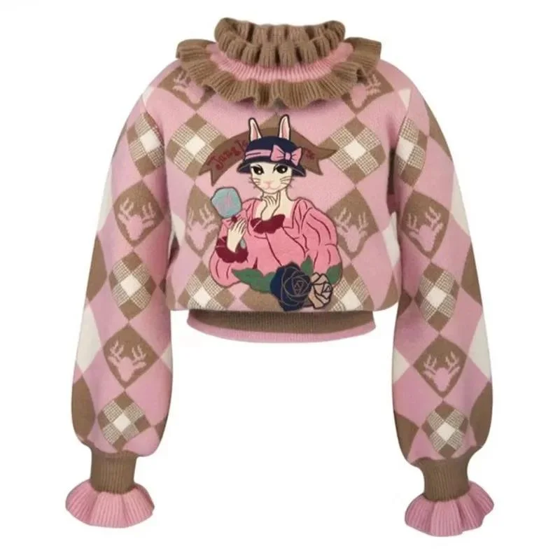 Pink Turtleneck Cartoon Embroidered Sweater Women Elegant Stylish Vintage Chic Pullover Tops 2024 Spring Long Sleeve Jumpers