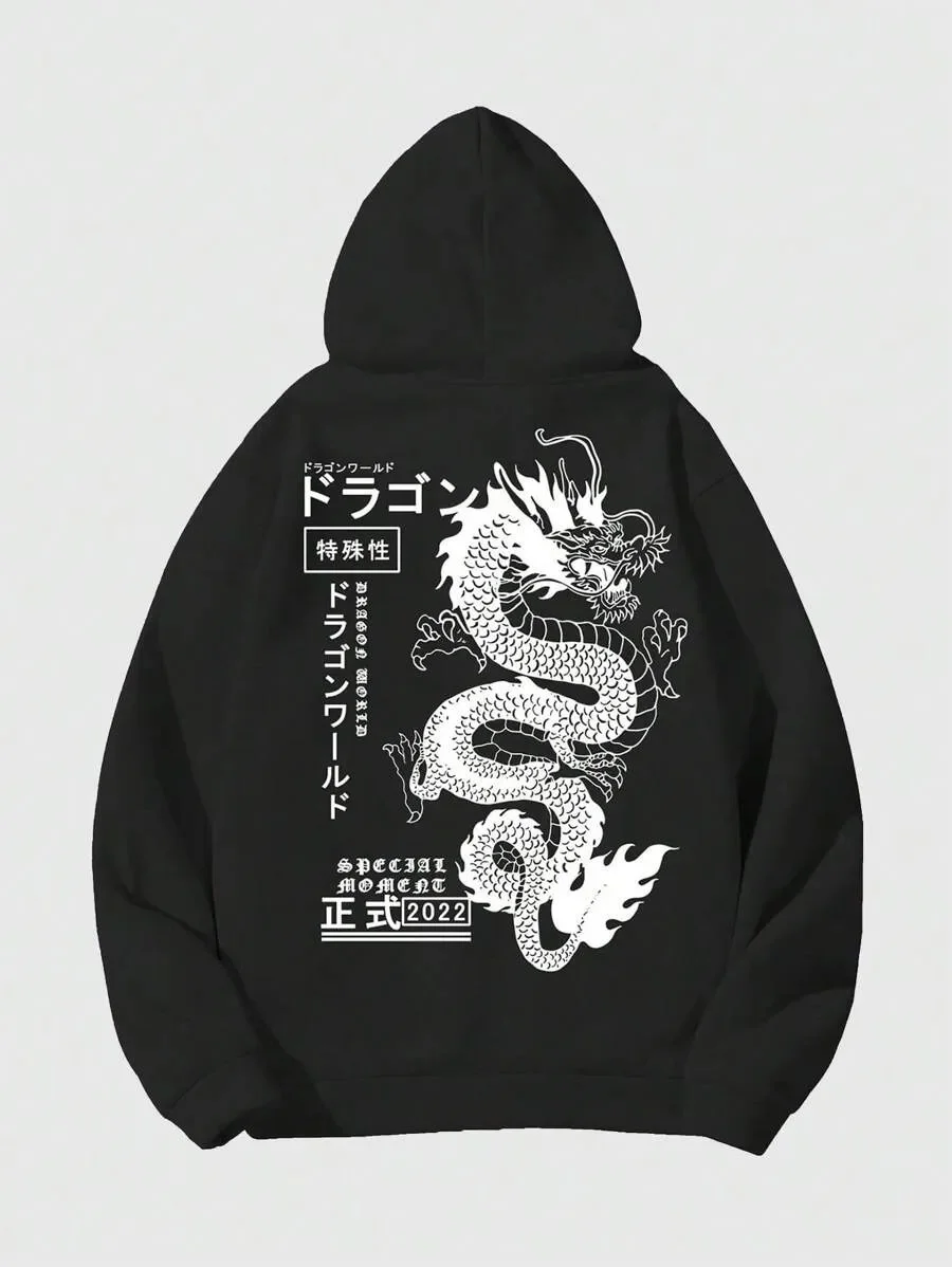 

Stylish Japanese Dragon Cotton Hoodie，With A Prominent White Dragon Illustration and Distinctive Japanese - English Text