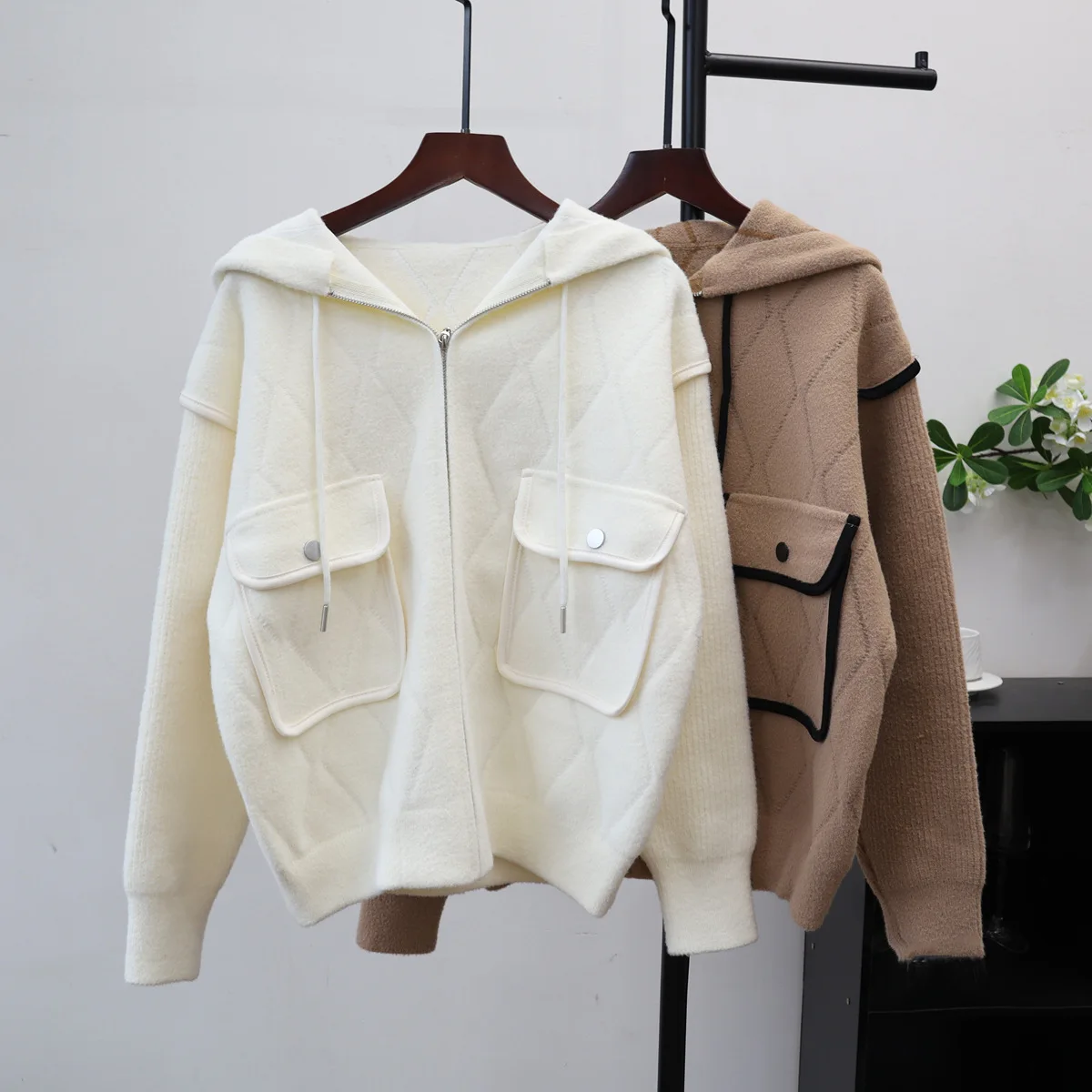 

Chic Warm Double Sides Knitting Jacket Plaid Print Long Sleeve Hooded Loose Sweater Coat 2025 New Female All-match Thick Jackets