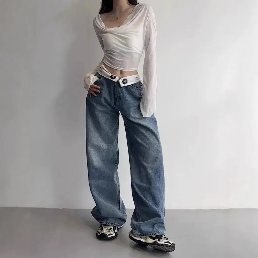 Vintage Jeans Design Sense Waist Cuff Loose Wide-leg Trousers Simple Casual Straight-leg Pants Ins