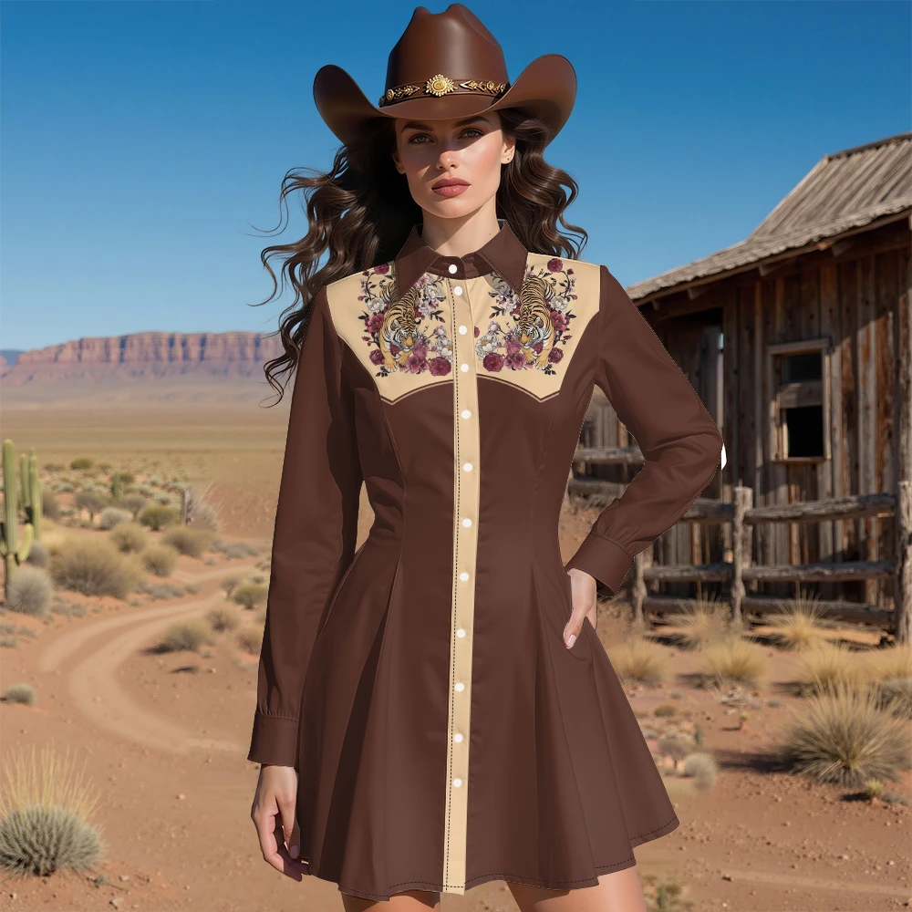 Vestido con estampado de tigre de estilo occidental para mujer, vestido ajustado con botones de manga larga, vestido de moda de invierno, vestido de vaquera marrón, ropa informal estilo Hip Hop