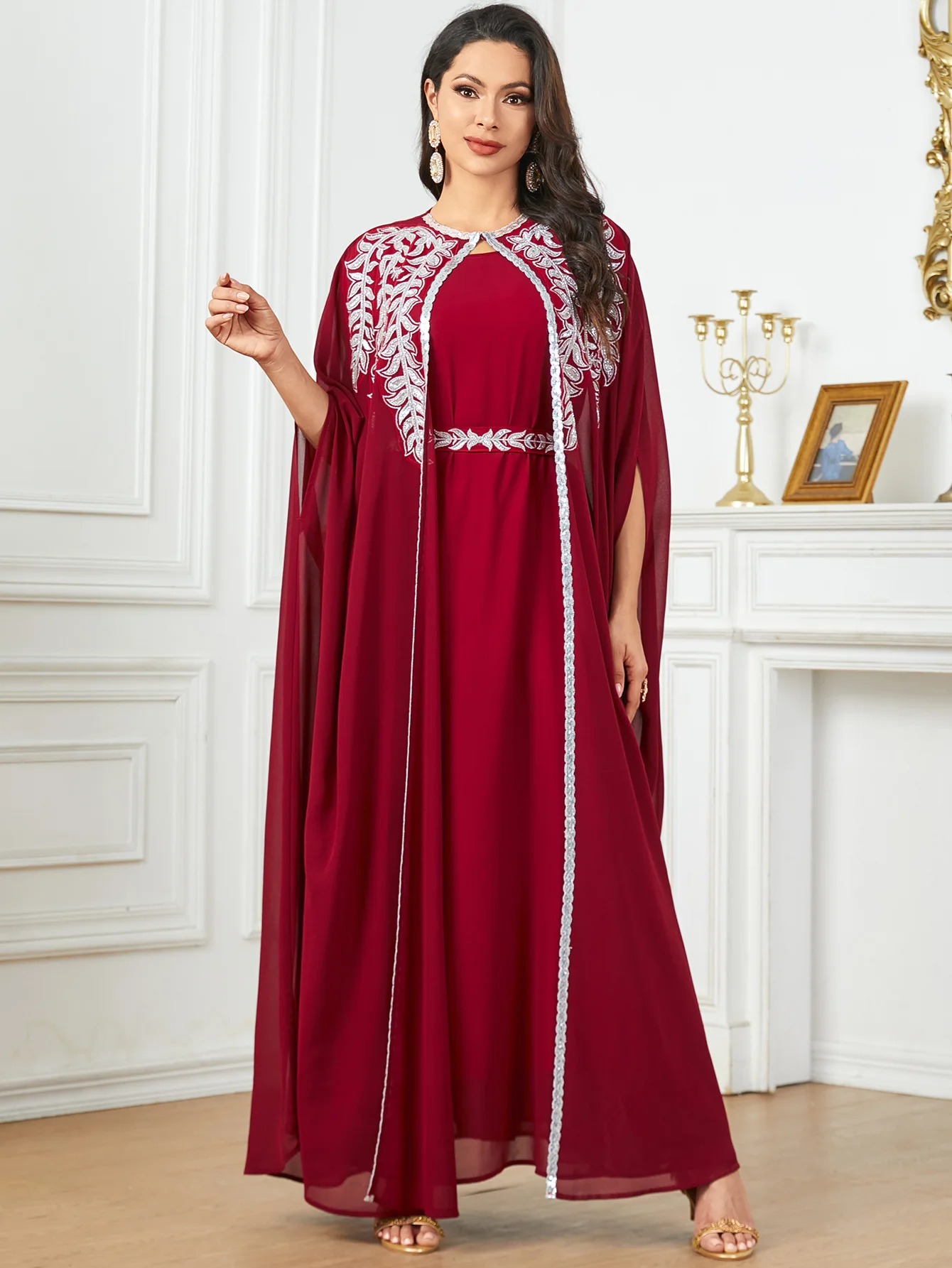 Elegant Cloak Party Gown for Women Moroccan Saudi Kimono Belted Dress Turkey Abayas Set Arab Kaftan Dubai Kaftan Muslim Jalabiya