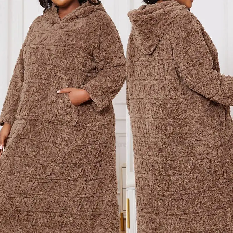 Brown Nightgown Oversize 4Xl 5Xl Sleepwear Women Warm Wint Nightdress Hooded Fleece Loungewear Long Sleeve Home Dressing Gown