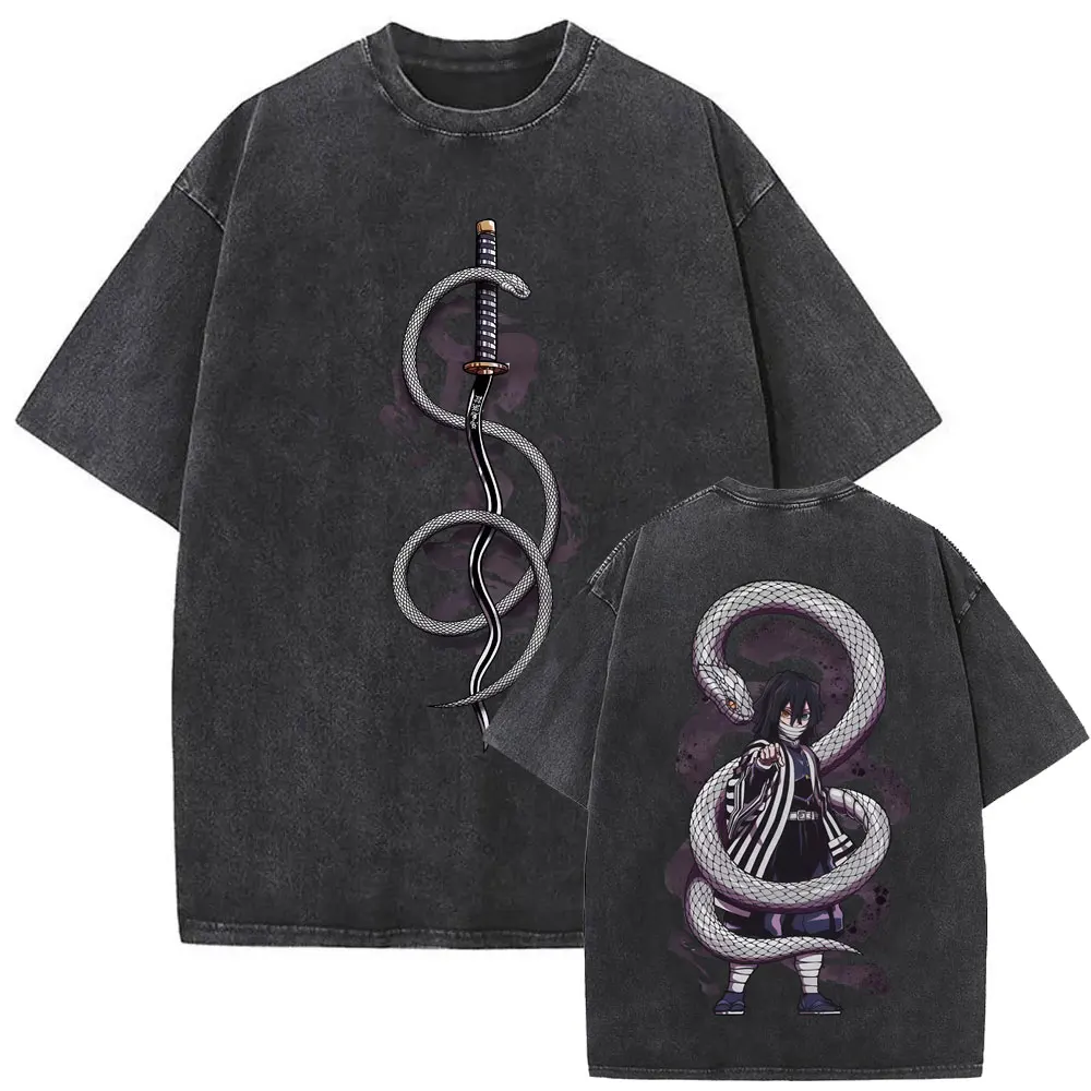 

Anime Demon Slayer Serpent Hashira Iguro Obanai Washed Vintage T Shirts Men Women Fashion Casual Oversized Short Sleeve T-shirts
