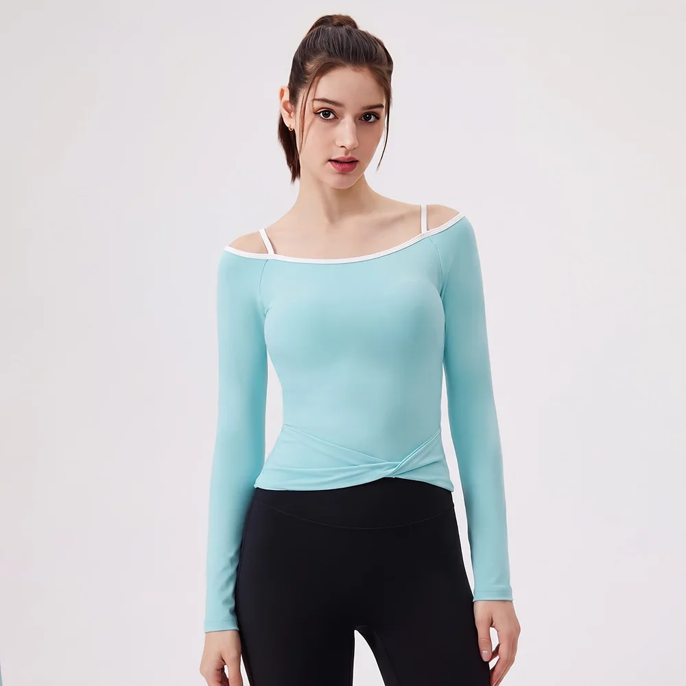 Off Shoulder Contrasting Sports Long Sleeved T-shirt with Knot and Chest Cushion Top, Quick Drying Bra, Fitness Suit for Women