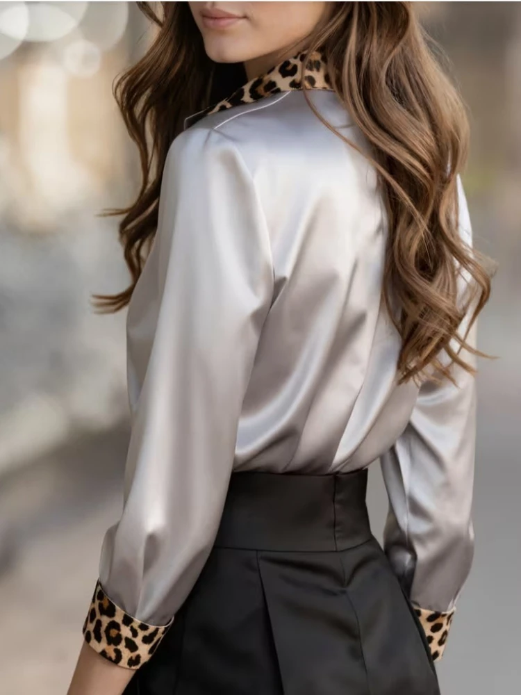 Cardigan à revers imprimé léopard pour femme, couleur étain, Satin, manches longues, chemise élégante, couleur unie, nouvelle collection printemps automne