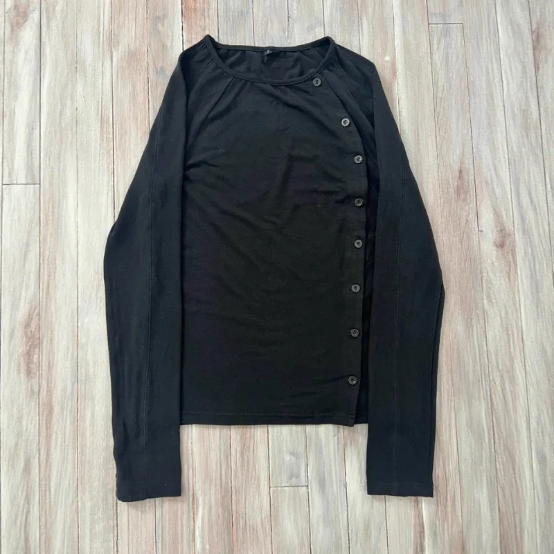 

Y2K Pure Color Button Long Sve round Ne T-irt Loose Fit k Sle Retro Trendy Women's Casual Top Polyester Material