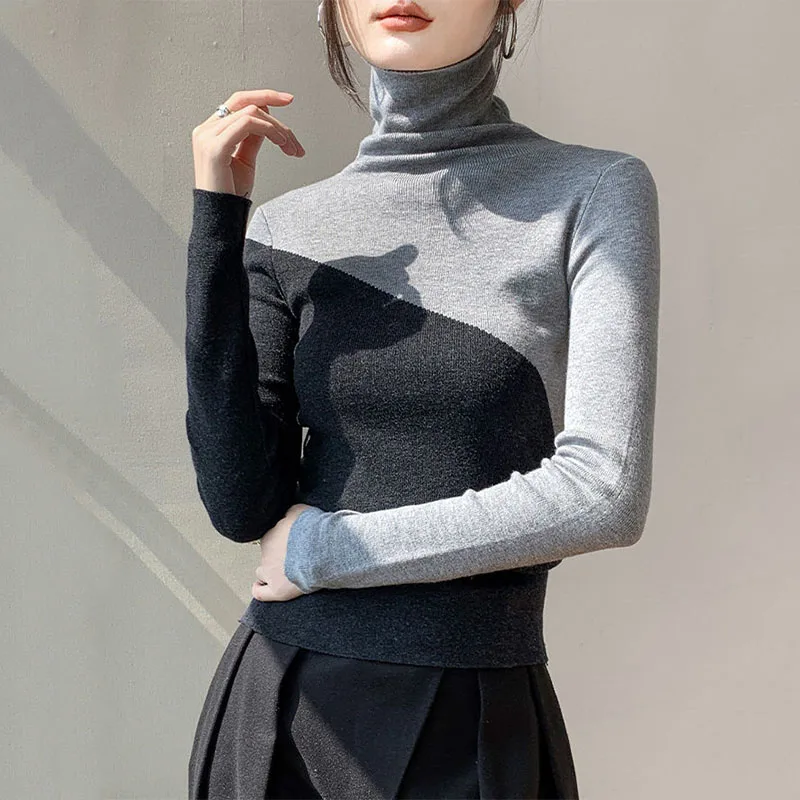 Luxurious Bodycon Office Lady T-Shirts Winter New Slim Sweater Women Panelled Bottom Layer Long Sleeve Elegant Comfortable Tops
