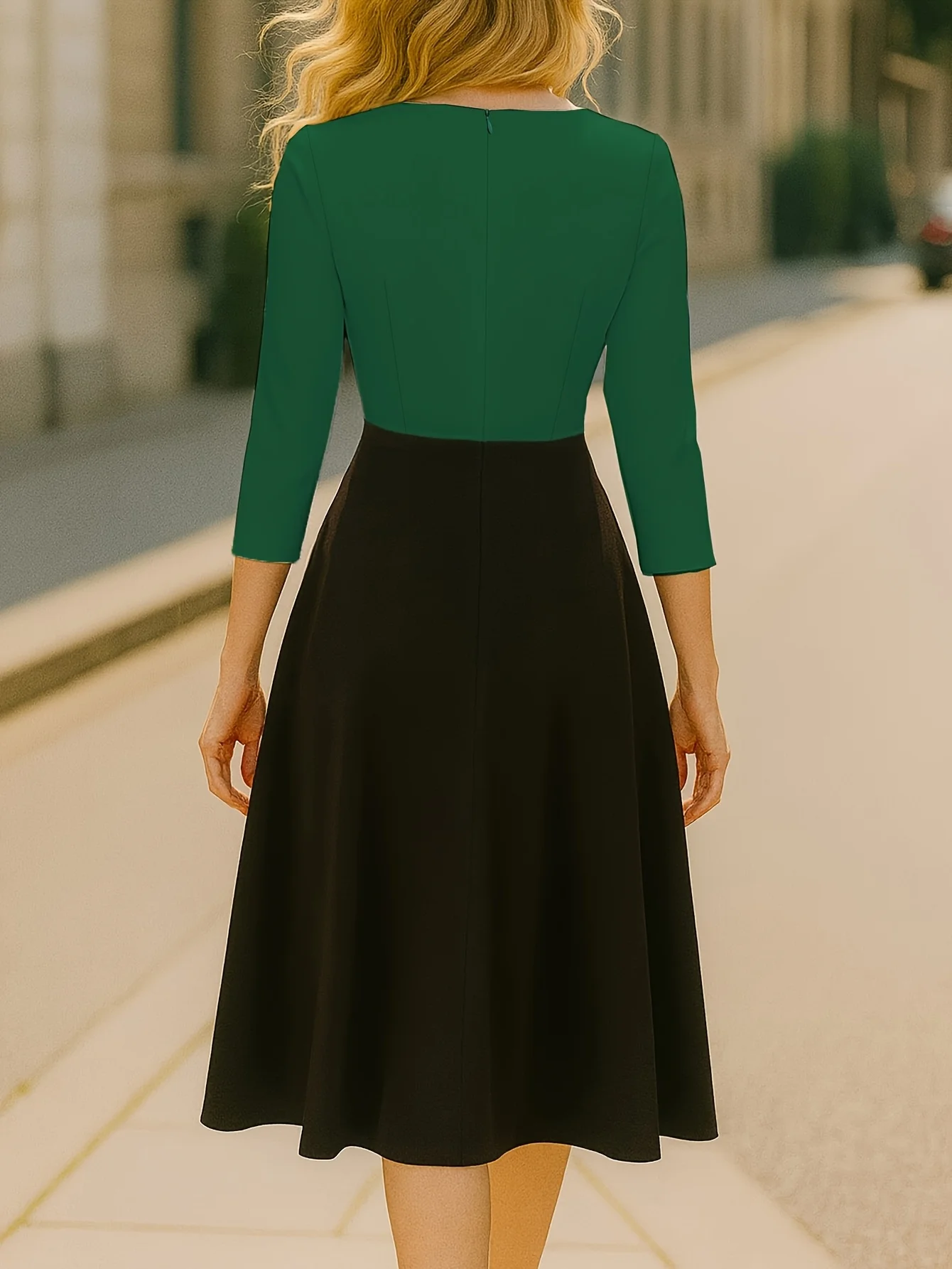 Womens Elegant Front Zipper Work Office A-Line Colorblock Business Casual Party Slim Fit And Flare Swing Dress