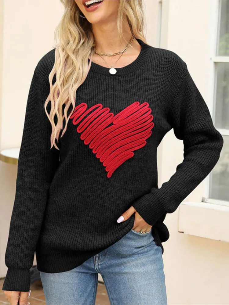 

Winter Clothes Woman Pulls Femmes Loose Love Embroidered Round Neck Pullover Long Sleeve Knitted Sweater Simple Style All-match