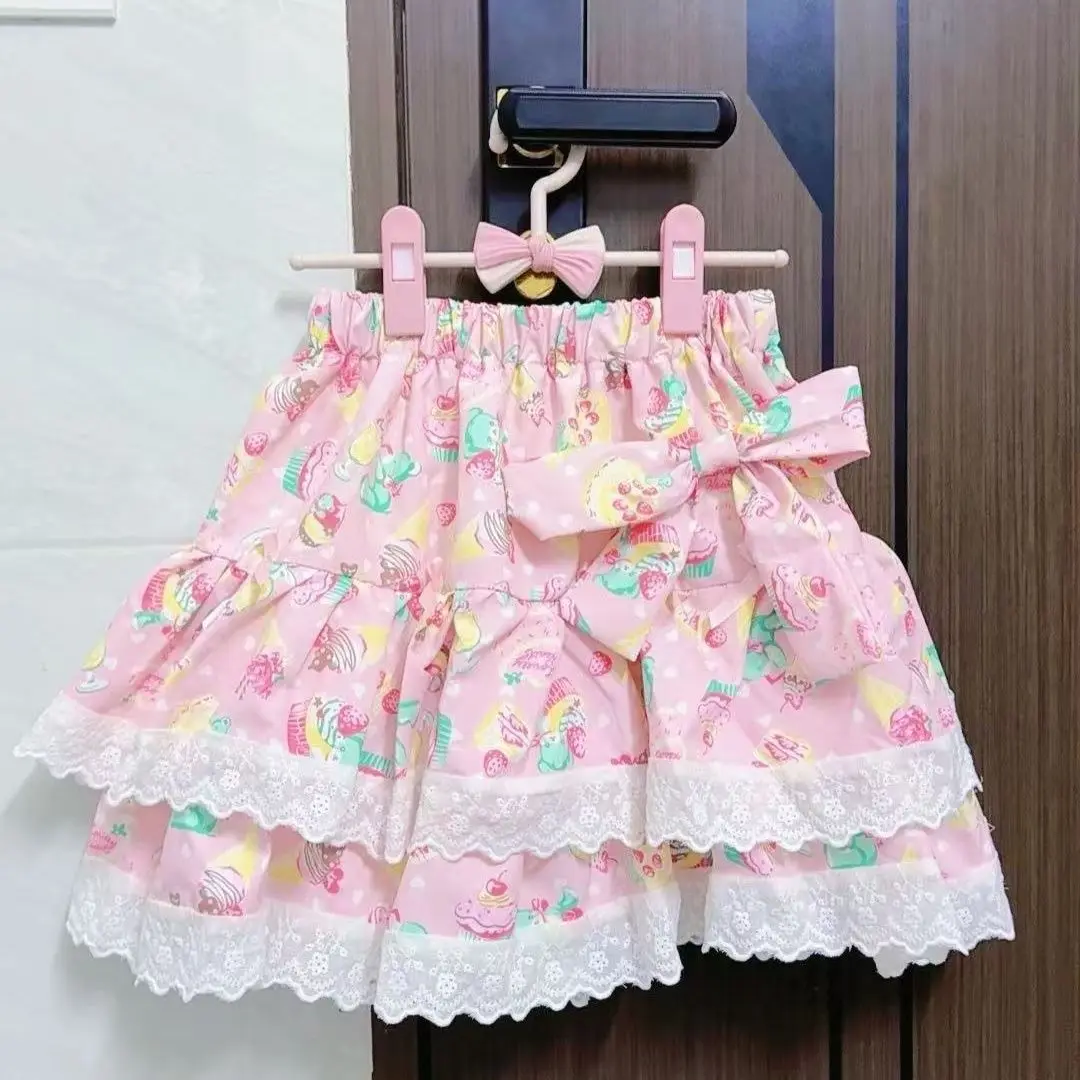 2025 Summer Cute Bow Lace Ruffle Edge Mini Skirt Japanese Sweet Girl Cartoon Print Y2k Skirt Mezzo All Match Princess Skirt