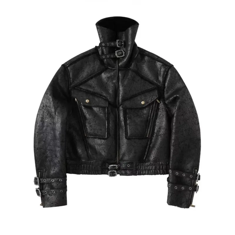 HKSH Autumn Winter New Men Tide Dark Lace-up Fur Hunting Collar Leather Jacket Avant-Garde Gothic Punk Padded Coats Chic HK17705