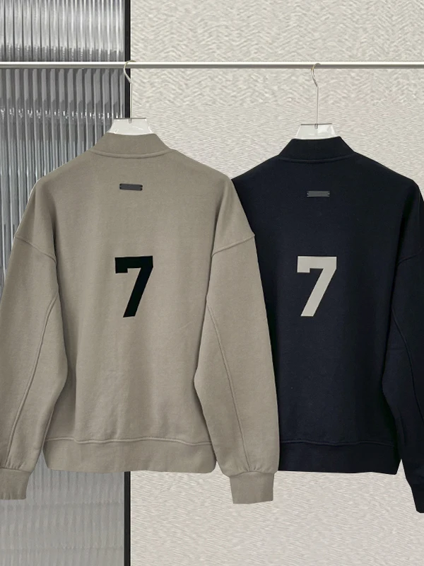 Essentials Baseball Jacket Fleece Lined Loose Casual Men's Jacket Number 7 Embroidery Autumn Winter Windproof Warm Sweatshirt