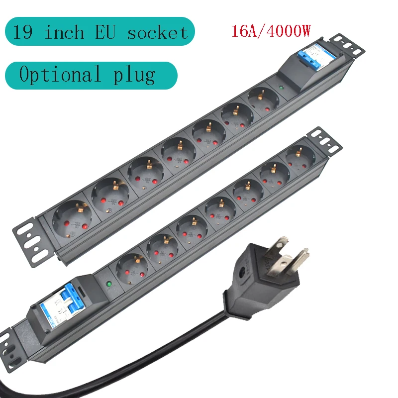 

Розеточный блок PDU с корпусом из алюминиевого сплава, 19-дюймовый, с европейскими розетками (7 AC), с автоматическим выключателем 16А/4000Вт, светодиодный индикатор, кабель 2м.
