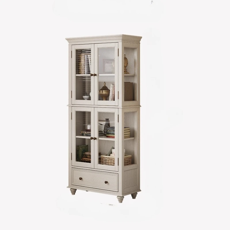 

French Cream Style Bookcase Home White Solid Wood Study Storage Cabinet with Glass Door