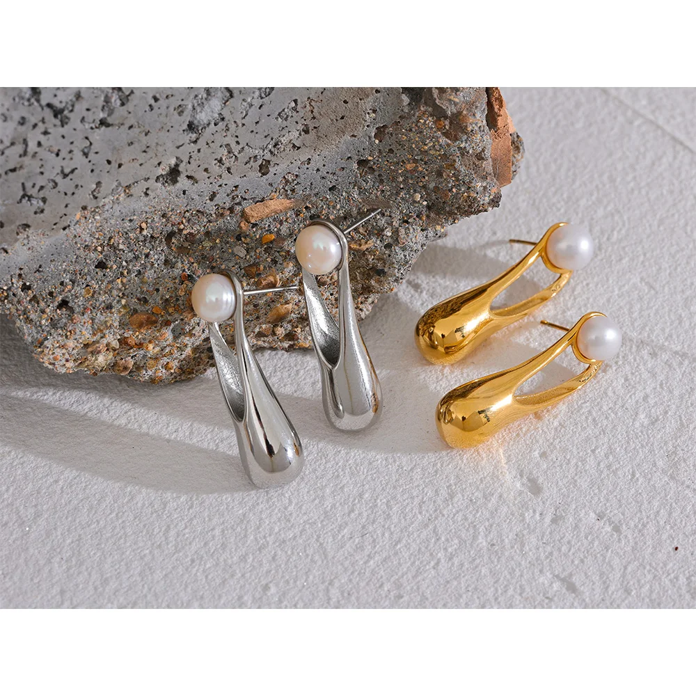 Yhpup Natural Pearl Stainless Steel Cast Geometric Elegant Long Stud Earrings Fashion Metal Golden Jewelry Prevent Allergy Gift image 2
