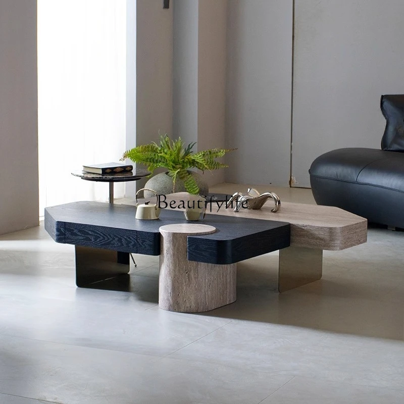 

Irregular Square Coffee Table with Drawer Home Creative High-end Feel Coffee Table Set Wabi-sabi Style