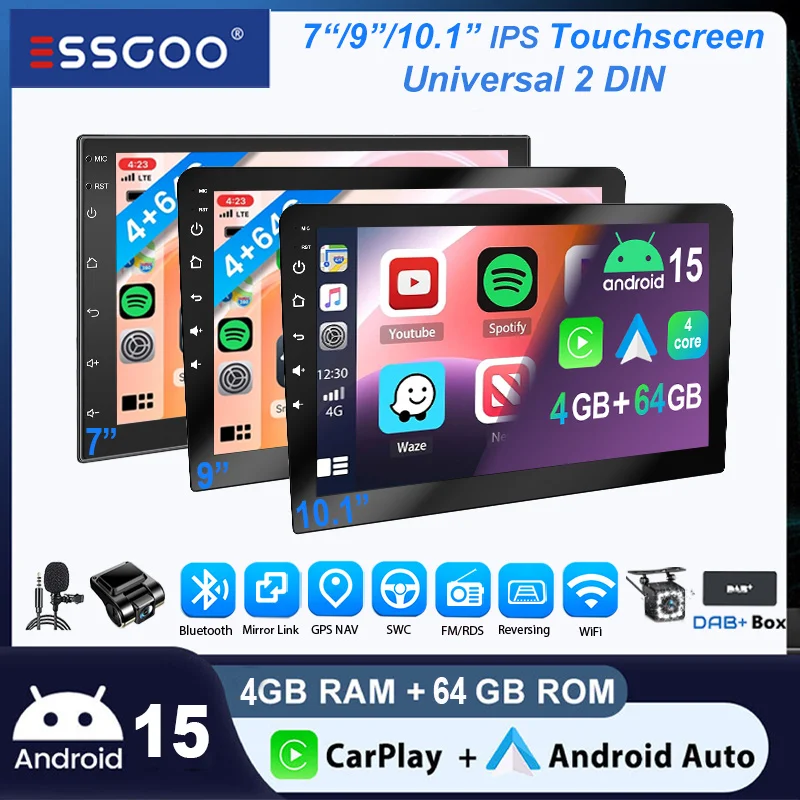 Autoradio Universale ESSGOO 7"/9"/10.1" Android15 4+64 GB 2 DIN CarPlay Wireless Navigazione GPS Bluetooth RDS FM WiFi Touchscreen Android Auto Controlli al Volante Mirror Link