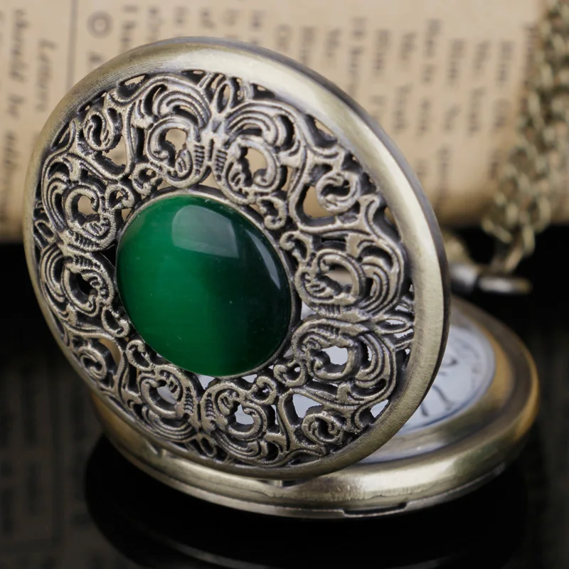 Steampunk hueco verde cristal Esmeralda imitación piedra cuarzo reloj de bolsillo collar mujer Fob reloj joyería colgante cadena