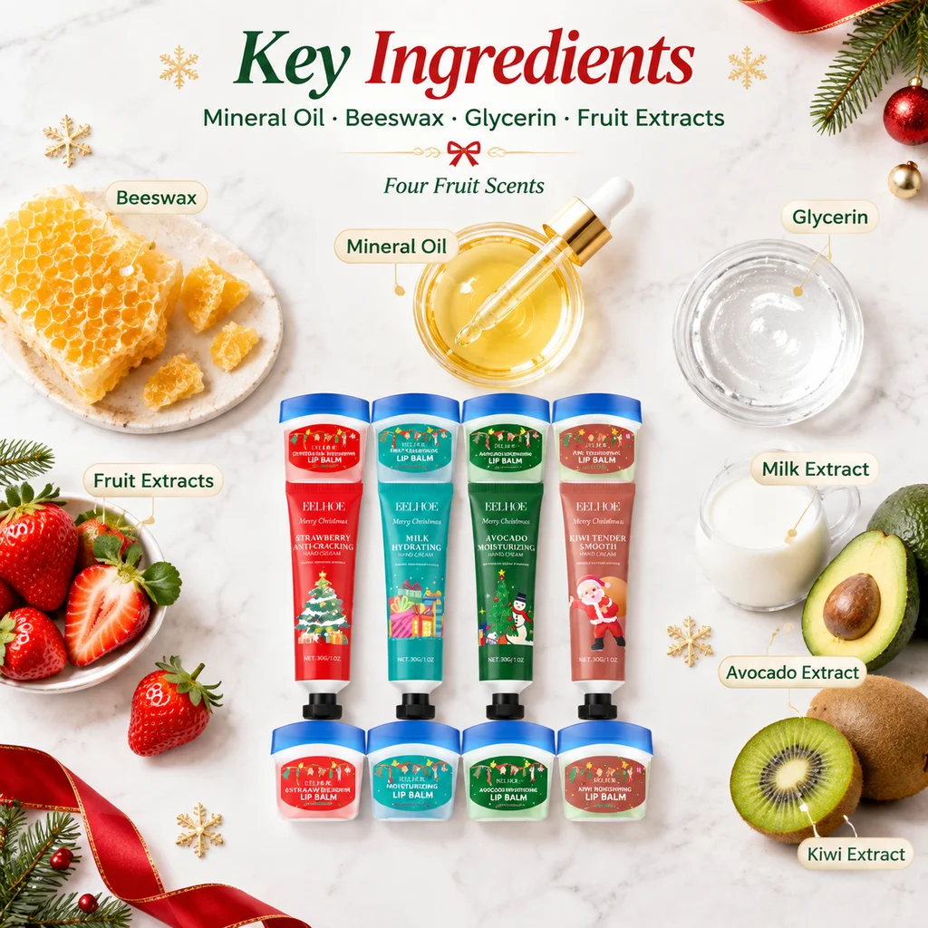 Christmas Hand Cream Set 4 fragrance types Lip Balm Gift Kit For Women Moisturizing Hand Lotion Winter Lip Care Holiday Gift Box
