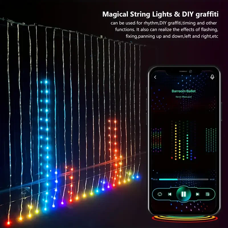 أضواء الستار الذكية LED RGB مع تطبيق الموسيقى يتحكم في ضوء الجنية DIY سلسلة مصباح نافذة الحفلات ستارة غرفة نوم عيد الميلاد ديكو