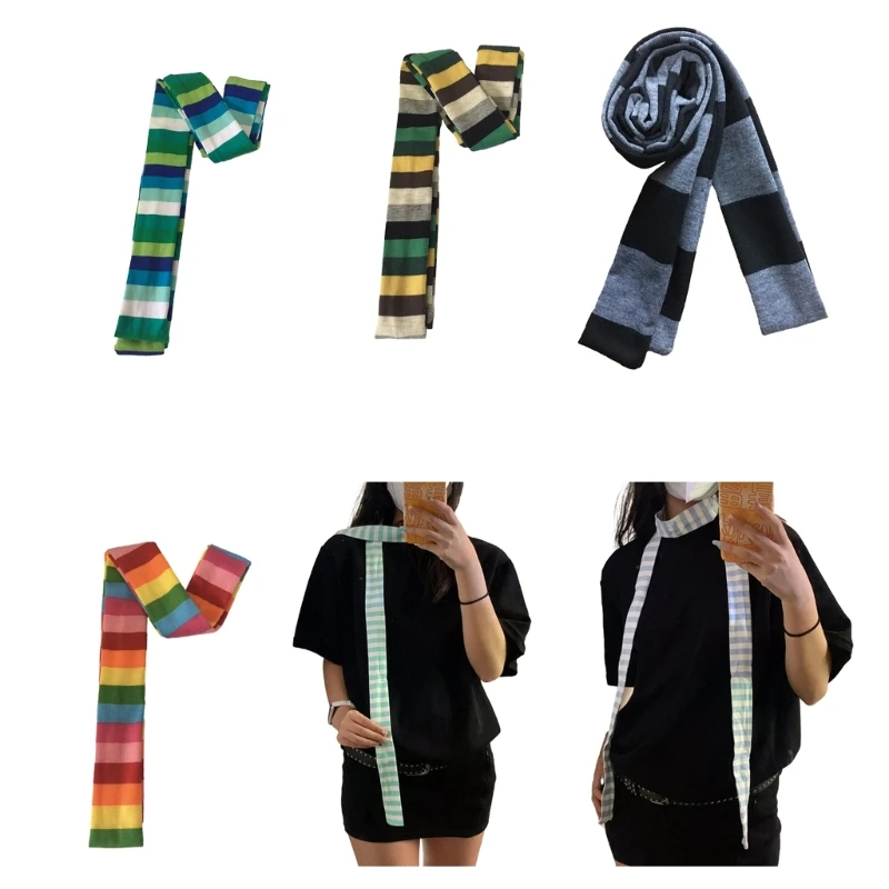 Y1UB Fashionable Scarf Harajuku Y2K Rainbow Striped Long Skinny Scarf for Any Outfit