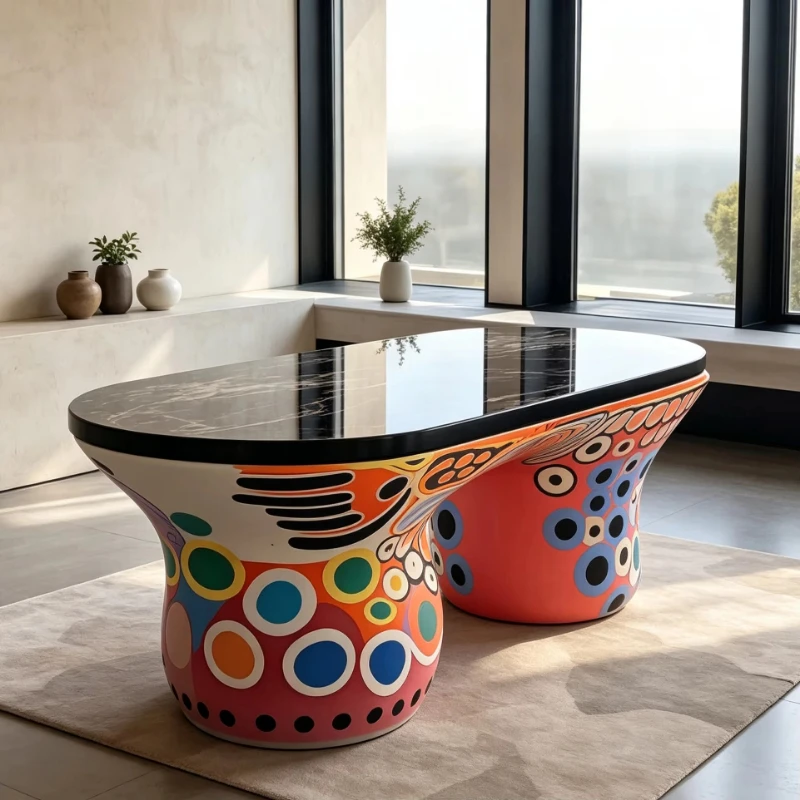 Polka dot side table, glossy marble table top, hand-painted curved base, art style living room table
