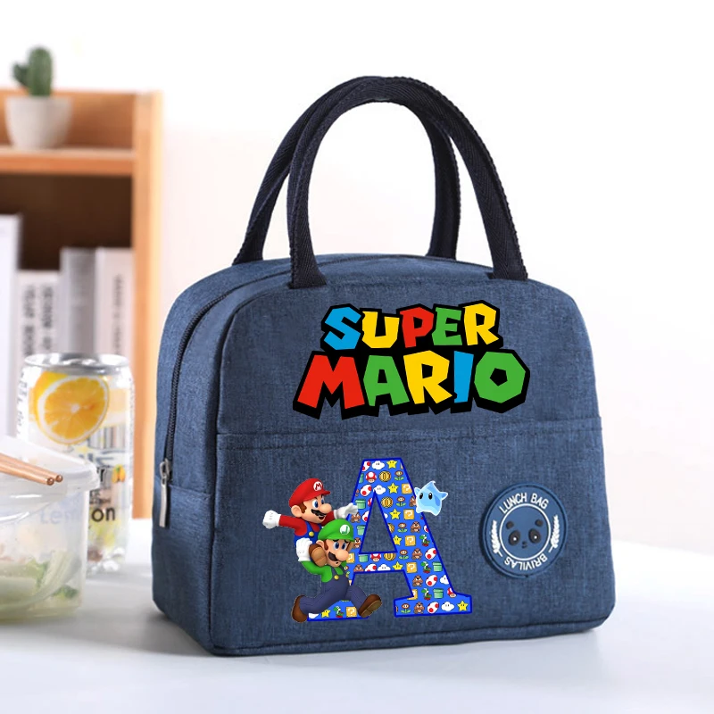 Super Marios Letter A-Z Cute Lunch Bag Student School Anime Thermal Insulation Handbag Kids Outdoor Picnic Food Bento Pouch Gift