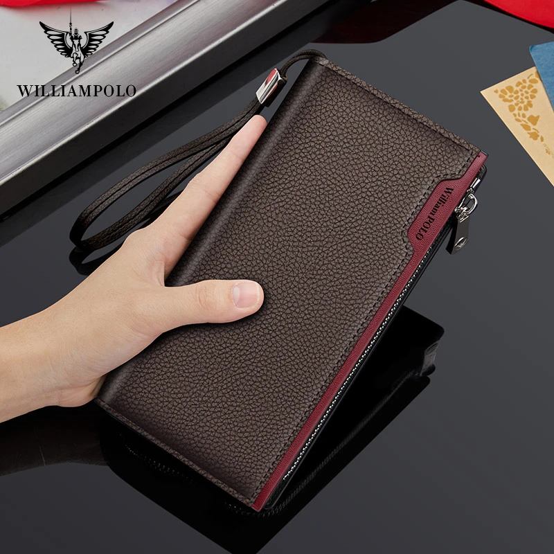 

WILLIAMPOLO Brand Business Men Wallet Long Genuine Leather Clutch Wallet Purse Male Top Quality Soft Cowhide Handmade Coin Pouch