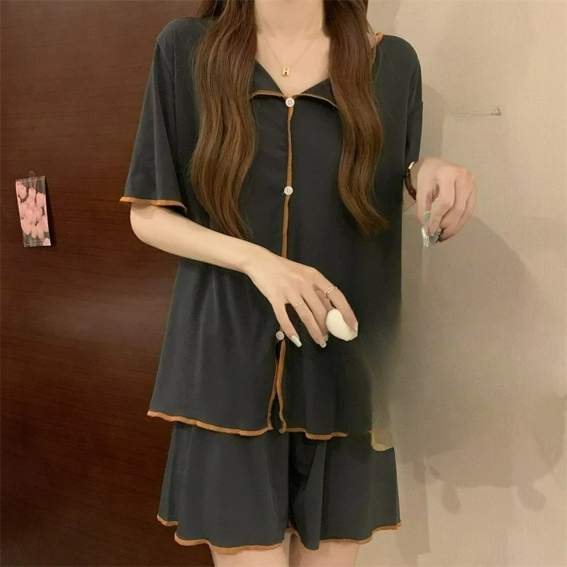 Short-sleeved Pajamas Women Suit Korean Version Thin Fake Cardigan Lapel Button Simple Ice Silk Cool Fairy Loungewear Ventilate