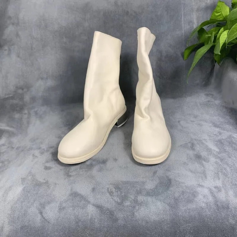 Handcrafted Men Shoes Vintage Horsehide Riding Boots Metal Decorations Zipper Mid-Calf Chelsea Boots British Women Fashion Boots