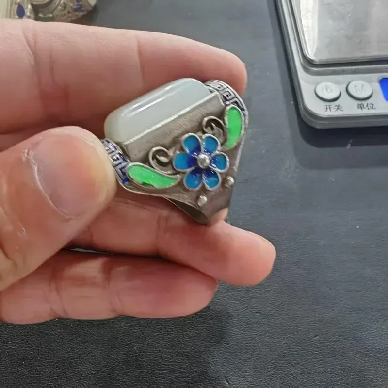 Unisex Retro Bohemian Ethnic Enamel‑Flower Silver‑Plated Ring Square Imitation Jade‑Stone Vintage Open Adjustable  Ornament