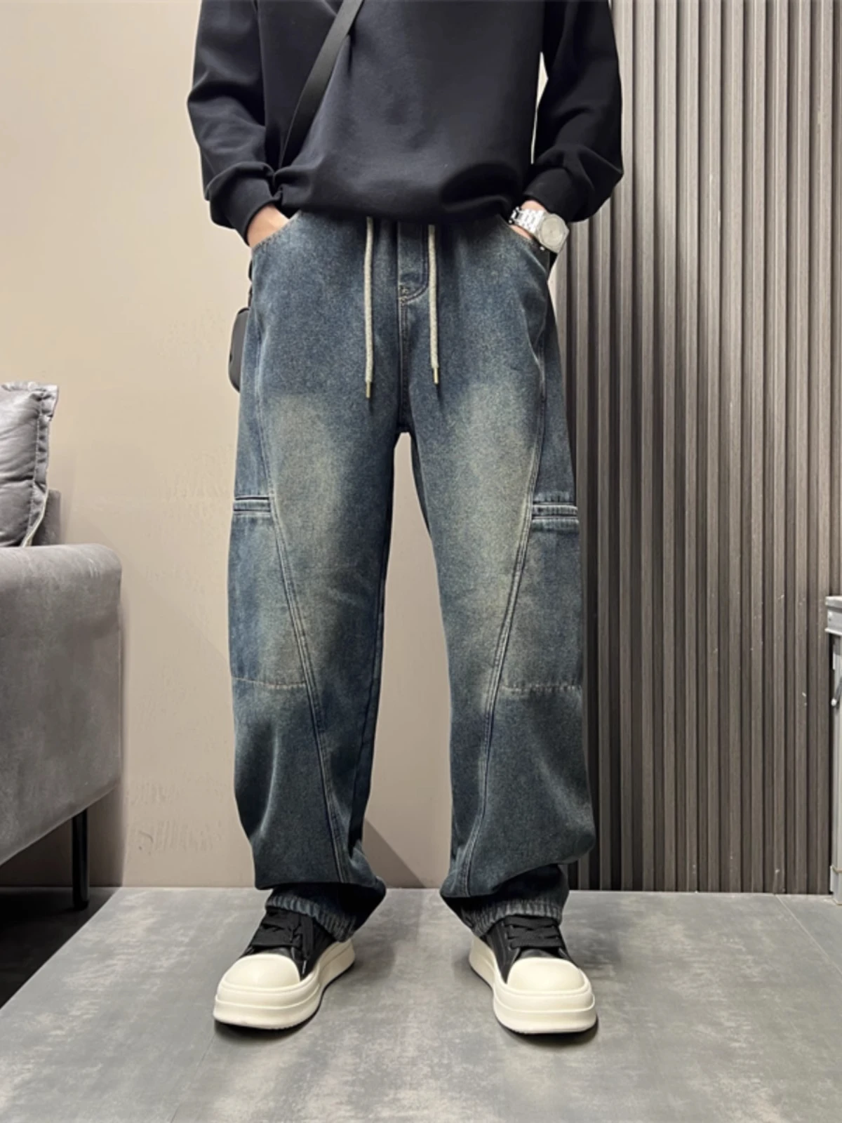 

Ретро-джинсы в американском стиле с модными вставками, свободные прямые брюки, персонализированные джинсы из денима с эффектом потертости