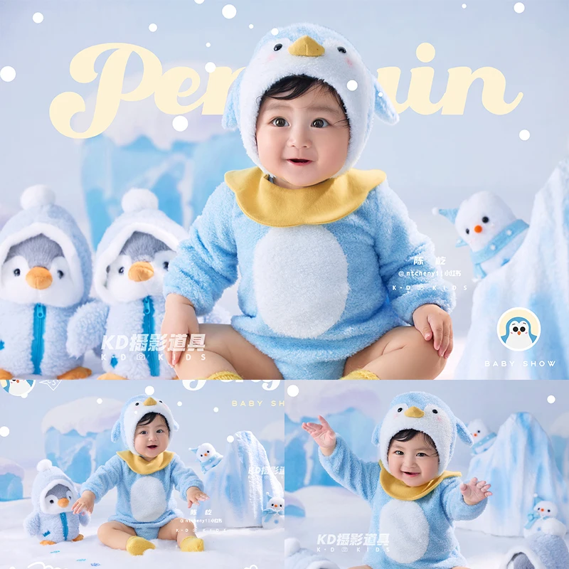 

Penguin Baby Newborn Photography Costume Animal Theme 3-4 Months Baby Jumpsuit Romper with Hat Penguin Plush Toy Iceberg Props